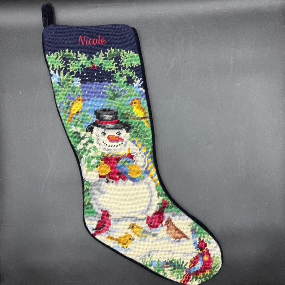 Lands End Needlepoint Christmas Stocking NICOLE Wool Snowman Birds Blue Cardinal